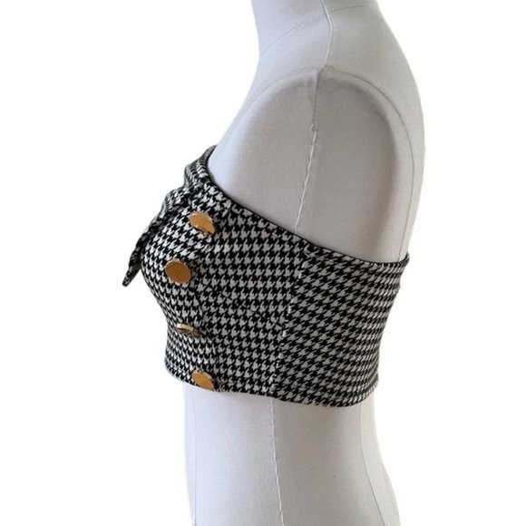 ASOS 4th + Reckless Overlay Bandeau Button Detail Crop Top in Houndstooth EUC - Picture 5 of 8